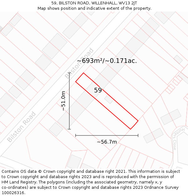 59, BILSTON ROAD, WILLENHALL, WV13 2JT: Plot and title map