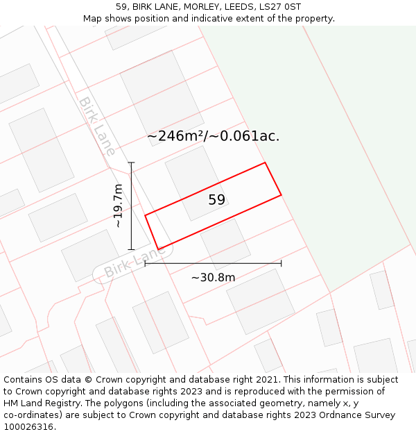59, BIRK LANE, MORLEY, LEEDS, LS27 0ST: Plot and title map