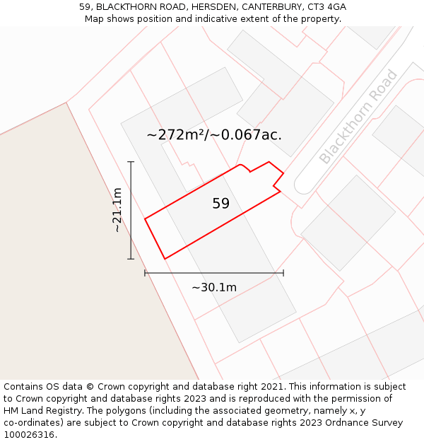 59, BLACKTHORN ROAD, HERSDEN, CANTERBURY, CT3 4GA: Plot and title map