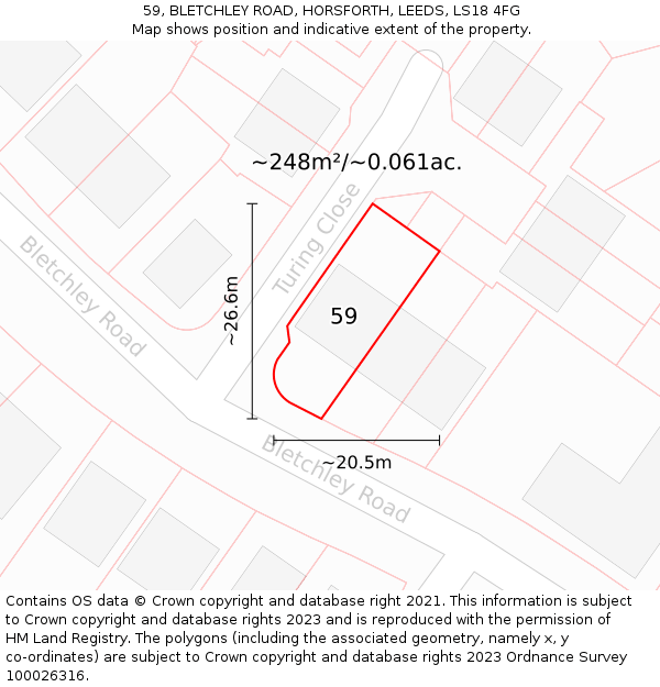 59, BLETCHLEY ROAD, HORSFORTH, LEEDS, LS18 4FG: Plot and title map