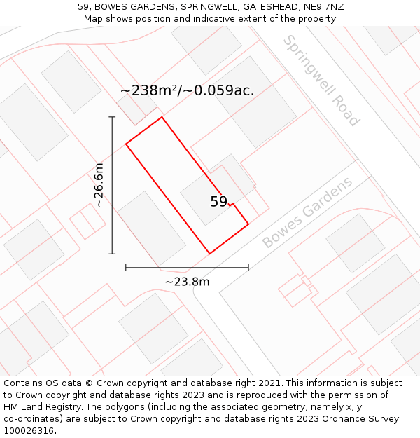 59, BOWES GARDENS, SPRINGWELL, GATESHEAD, NE9 7NZ: Plot and title map