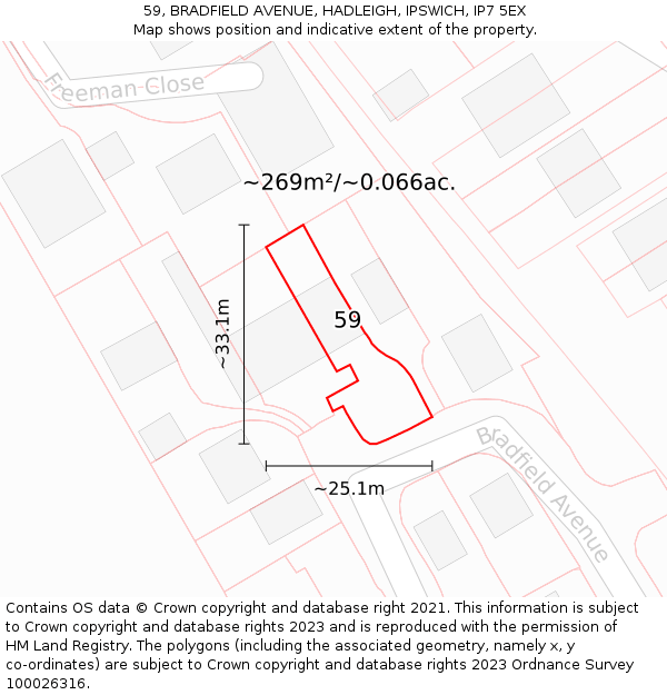 59, BRADFIELD AVENUE, HADLEIGH, IPSWICH, IP7 5EX: Plot and title map