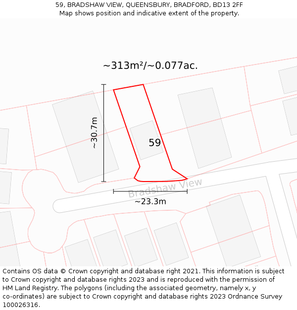 59, BRADSHAW VIEW, QUEENSBURY, BRADFORD, BD13 2FF: Plot and title map
