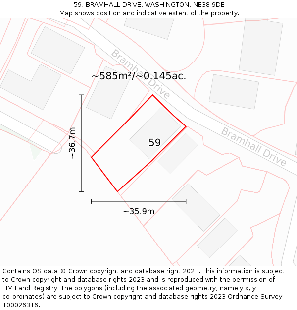 59, BRAMHALL DRIVE, WASHINGTON, NE38 9DE: Plot and title map