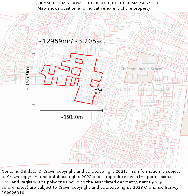 59, BRAMPTON MEADOWS, THURCROFT, ROTHERHAM, S66 9ND: Plot and title map