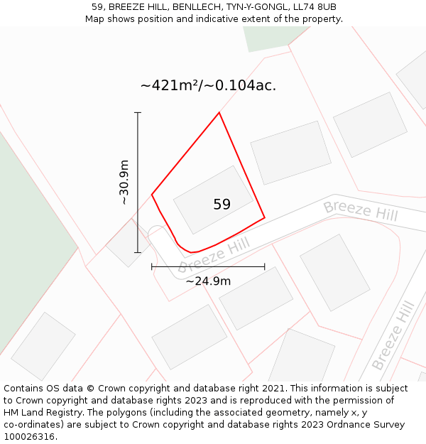 59, BREEZE HILL, BENLLECH, TYN-Y-GONGL, LL74 8UB: Plot and title map