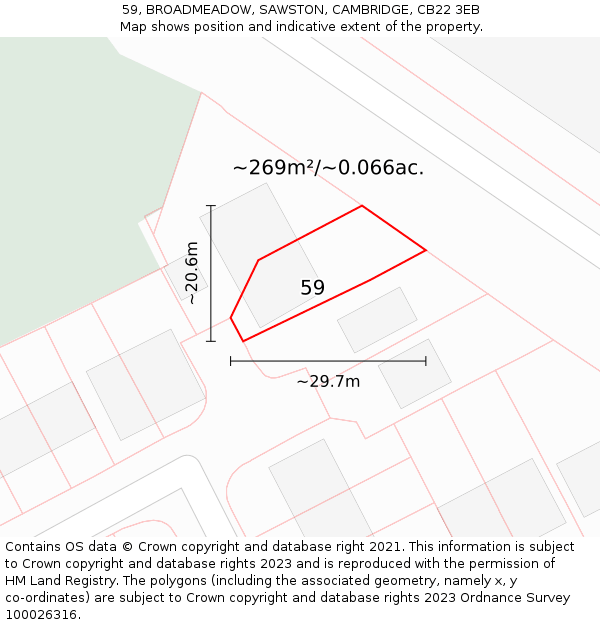 59, BROADMEADOW, SAWSTON, CAMBRIDGE, CB22 3EB: Plot and title map