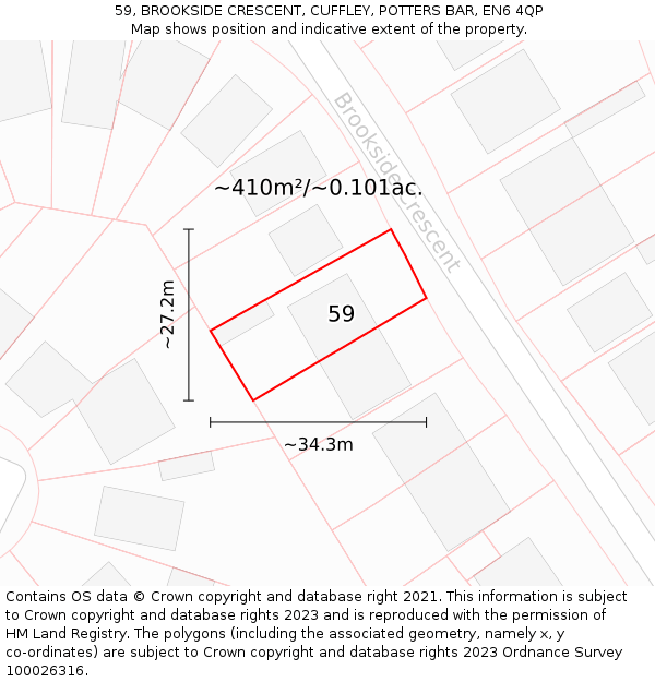 59, BROOKSIDE CRESCENT, CUFFLEY, POTTERS BAR, EN6 4QP: Plot and title map
