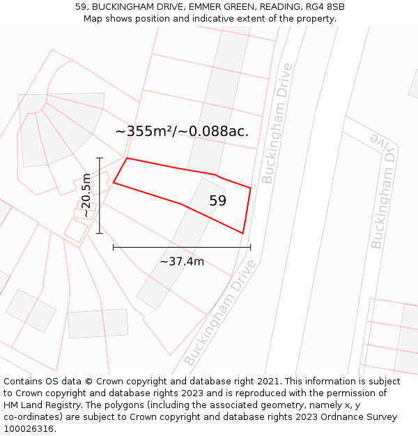 59, BUCKINGHAM DRIVE, EMMER GREEN, READING, RG4 8SB: Plot and title map