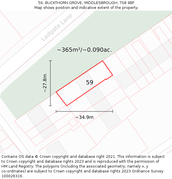 59, BUCKTHORN GROVE, MIDDLESBROUGH, TS8 9BF: Plot and title map