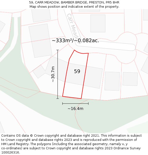 59, CARR MEADOW, BAMBER BRIDGE, PRESTON, PR5 8HR: Plot and title map