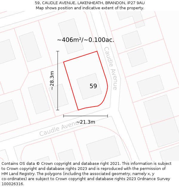 59, CAUDLE AVENUE, LAKENHEATH, BRANDON, IP27 9AU: Plot and title map