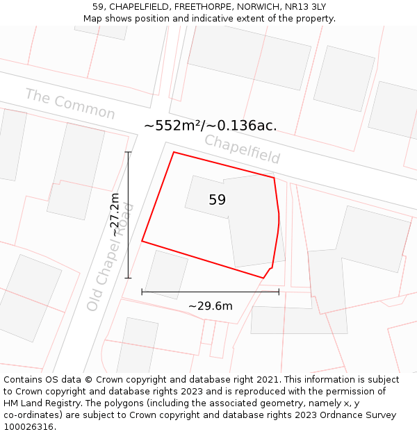59, CHAPELFIELD, FREETHORPE, NORWICH, NR13 3LY: Plot and title map