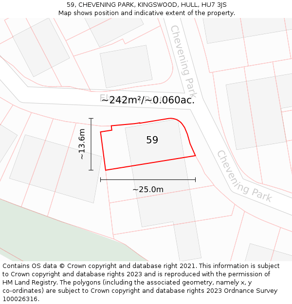 59, CHEVENING PARK, KINGSWOOD, HULL, HU7 3JS: Plot and title map