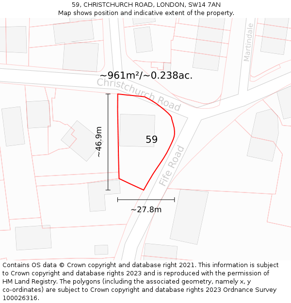 59, CHRISTCHURCH ROAD, LONDON, SW14 7AN: Plot and title map