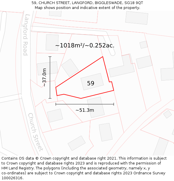 59, CHURCH STREET, LANGFORD, BIGGLESWADE, SG18 9QT: Plot and title map