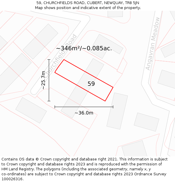59, CHURCHFIELDS ROAD, CUBERT, NEWQUAY, TR8 5JN: Plot and title map