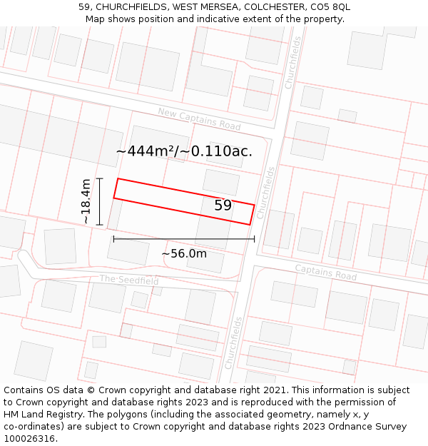 59, CHURCHFIELDS, WEST MERSEA, COLCHESTER, CO5 8QL: Plot and title map