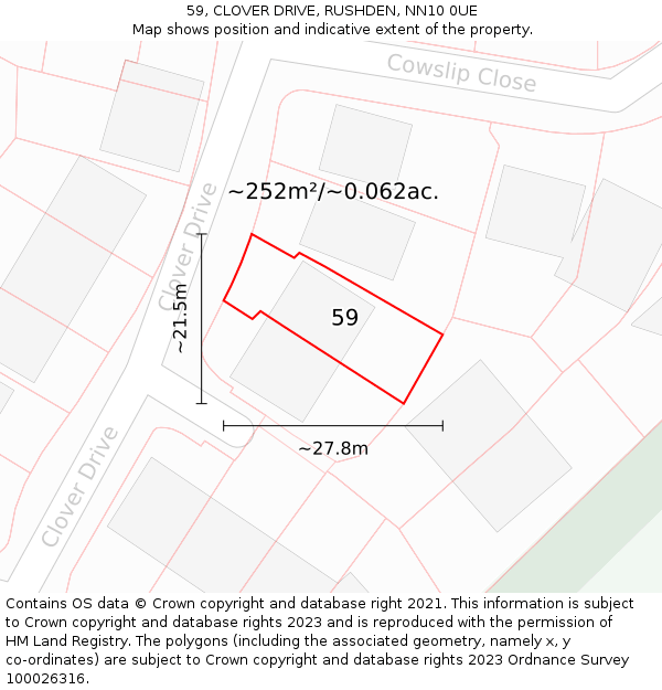 59, CLOVER DRIVE, RUSHDEN, NN10 0UE: Plot and title map