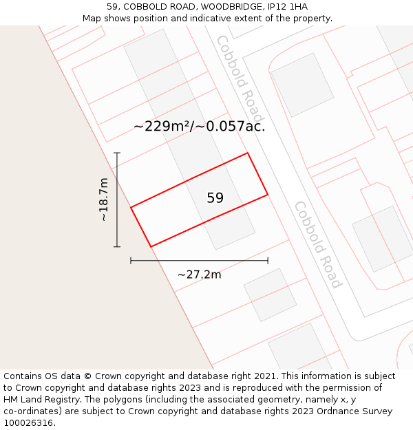 59, COBBOLD ROAD, WOODBRIDGE, IP12 1HA: Plot and title map