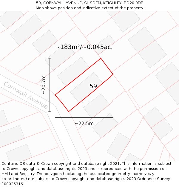 59, CORNWALL AVENUE, SILSDEN, KEIGHLEY, BD20 0DB: Plot and title map