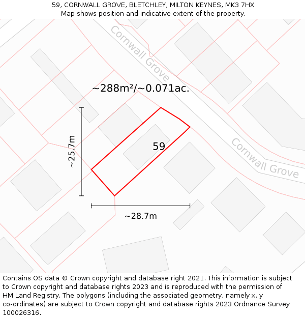 59, CORNWALL GROVE, BLETCHLEY, MILTON KEYNES, MK3 7HX: Plot and title map