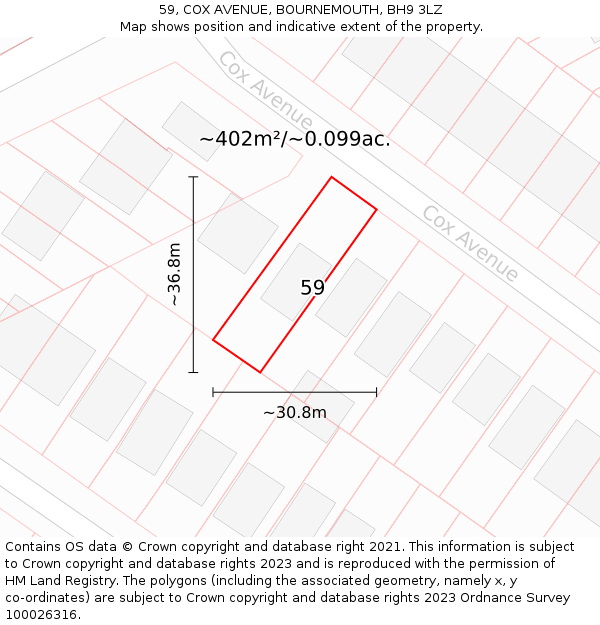 59, COX AVENUE, BOURNEMOUTH, BH9 3LZ: Plot and title map