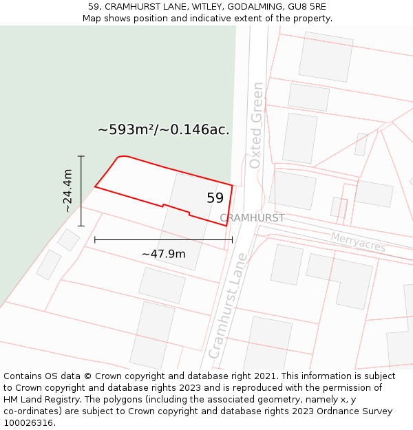 59, CRAMHURST LANE, WITLEY, GODALMING, GU8 5RE: Plot and title map