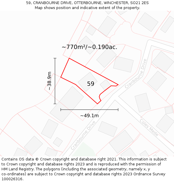 59, CRANBOURNE DRIVE, OTTERBOURNE, WINCHESTER, SO21 2ES: Plot and title map
