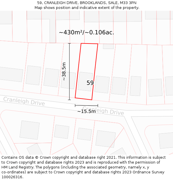 59, CRANLEIGH DRIVE, BROOKLANDS, SALE, M33 3PN: Plot and title map