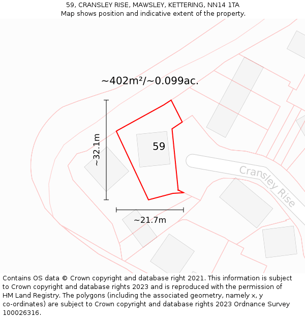 59, CRANSLEY RISE, MAWSLEY, KETTERING, NN14 1TA: Plot and title map