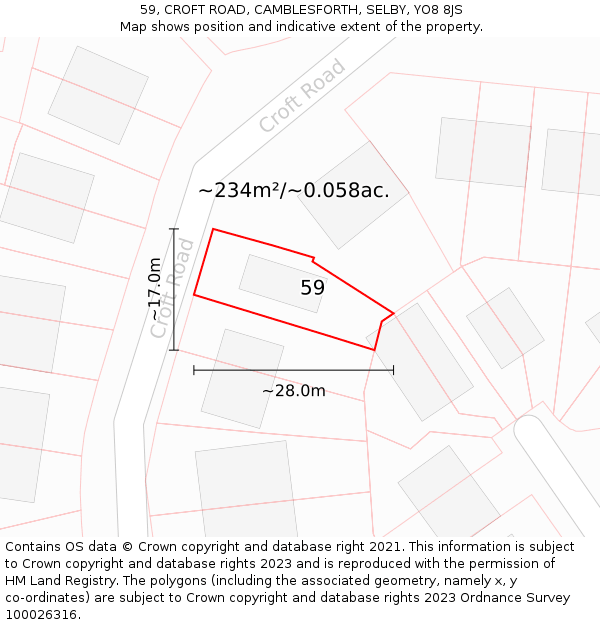 59, CROFT ROAD, CAMBLESFORTH, SELBY, YO8 8JS: Plot and title map