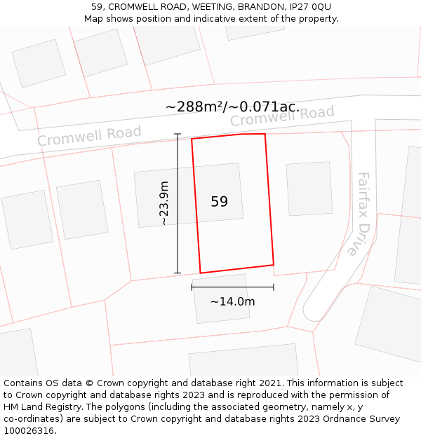 59, CROMWELL ROAD, WEETING, BRANDON, IP27 0QU: Plot and title map
