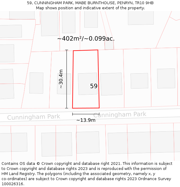 59, CUNNINGHAM PARK, MABE BURNTHOUSE, PENRYN, TR10 9HB: Plot and title map