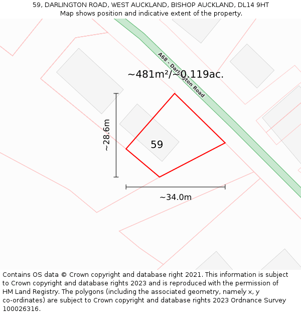 59, DARLINGTON ROAD, WEST AUCKLAND, BISHOP AUCKLAND, DL14 9HT: Plot and title map