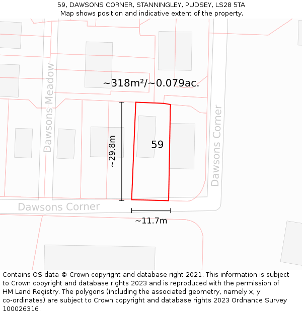 59, DAWSONS CORNER, STANNINGLEY, PUDSEY, LS28 5TA: Plot and title map