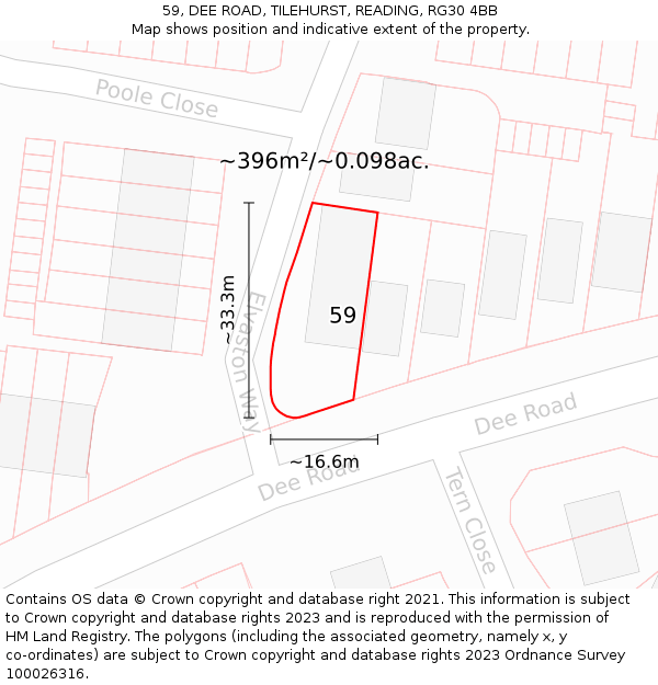59, DEE ROAD, TILEHURST, READING, RG30 4BB: Plot and title map