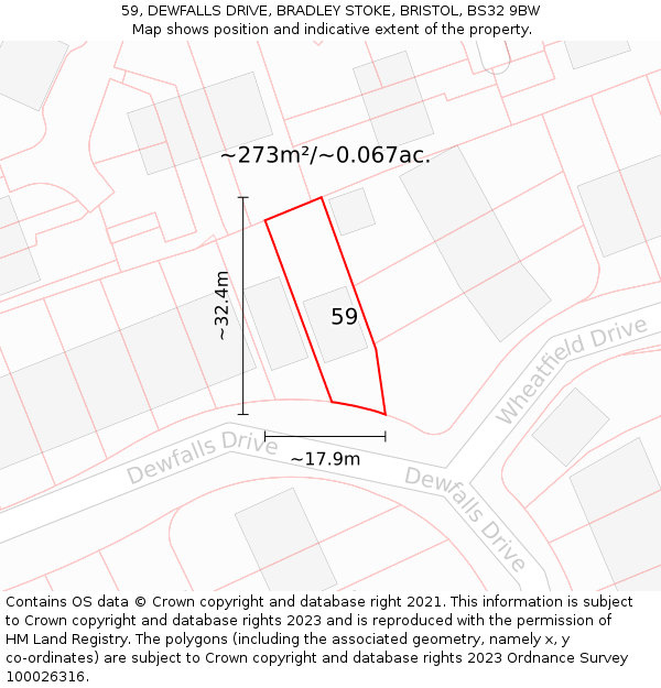 59, DEWFALLS DRIVE, BRADLEY STOKE, BRISTOL, BS32 9BW: Plot and title map