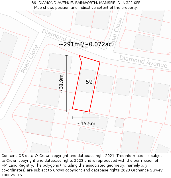 59, DIAMOND AVENUE, RAINWORTH, MANSFIELD, NG21 0FF: Plot and title map