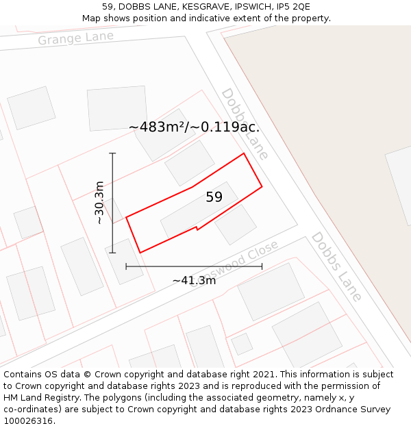 59, DOBBS LANE, KESGRAVE, IPSWICH, IP5 2QE: Plot and title map