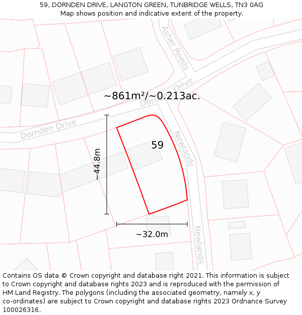 59, DORNDEN DRIVE, LANGTON GREEN, TUNBRIDGE WELLS, TN3 0AG: Plot and title map