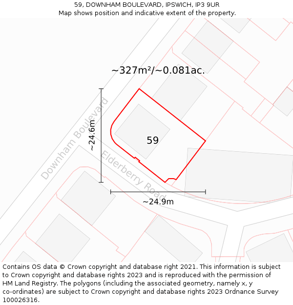 59, DOWNHAM BOULEVARD, IPSWICH, IP3 9UR: Plot and title map