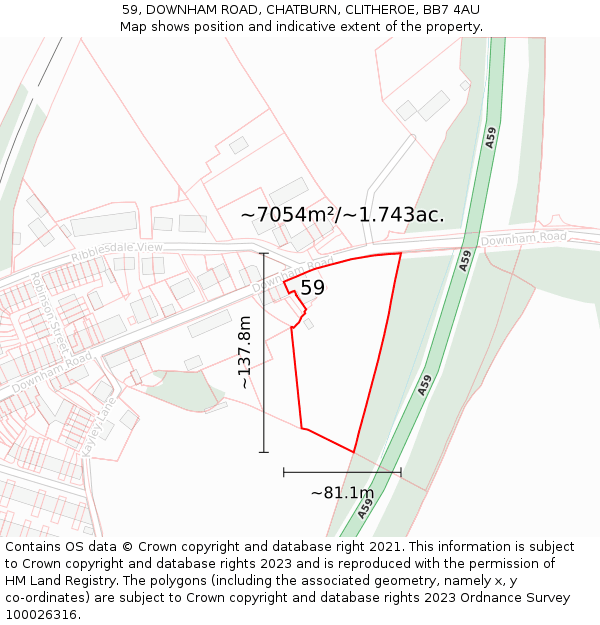 59, DOWNHAM ROAD, CHATBURN, CLITHEROE, BB7 4AU: Plot and title map