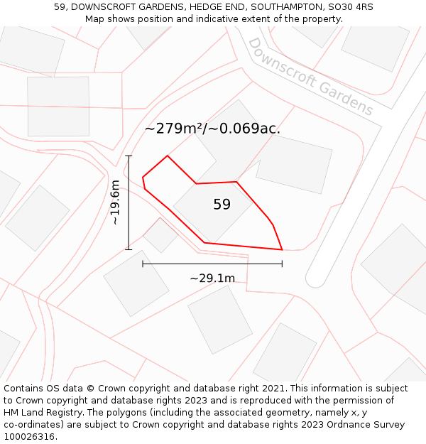 59, DOWNSCROFT GARDENS, HEDGE END, SOUTHAMPTON, SO30 4RS: Plot and title map