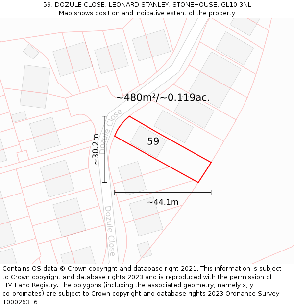 59, DOZULE CLOSE, LEONARD STANLEY, STONEHOUSE, GL10 3NL: Plot and title map