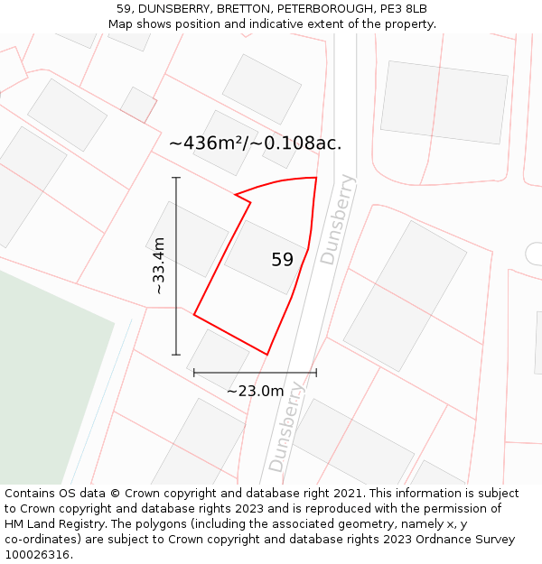 59, DUNSBERRY, BRETTON, PETERBOROUGH, PE3 8LB: Plot and title map