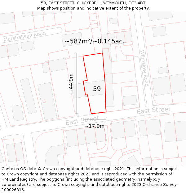 59, EAST STREET, CHICKERELL, WEYMOUTH, DT3 4DT: Plot and title map