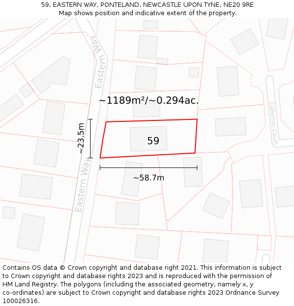 59, EASTERN WAY, PONTELAND, NEWCASTLE UPON TYNE, NE20 9RE: Plot and title map