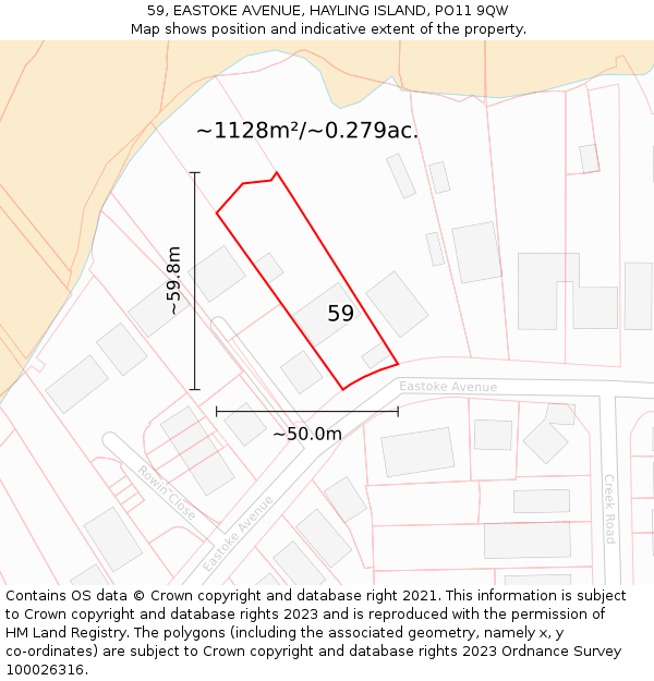 59, EASTOKE AVENUE, HAYLING ISLAND, PO11 9QW: Plot and title map