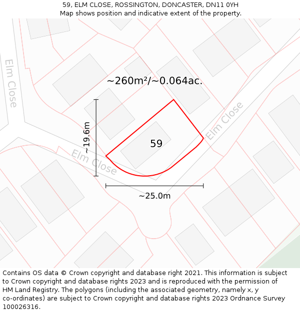 59, ELM CLOSE, ROSSINGTON, DONCASTER, DN11 0YH: Plot and title map